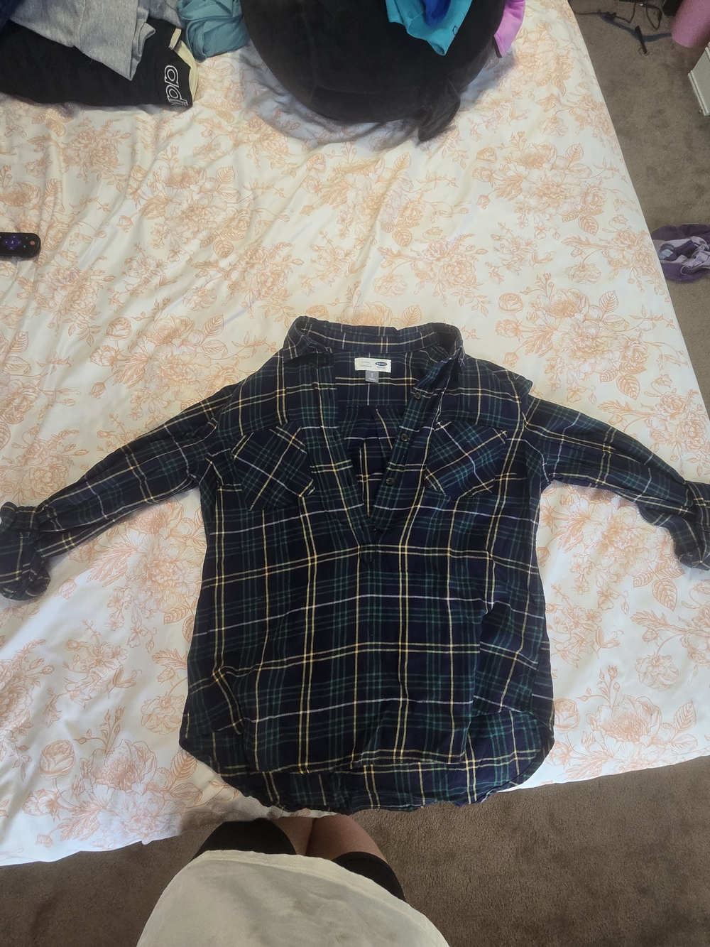 Old Navy Navy Plaid Button-Down Shirt with Green and Yellow Stripe